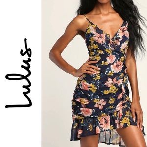 NWT LULU’s Ready to Ruffle Navy Floral Surplice Ruched Mini Dress Size XS $86